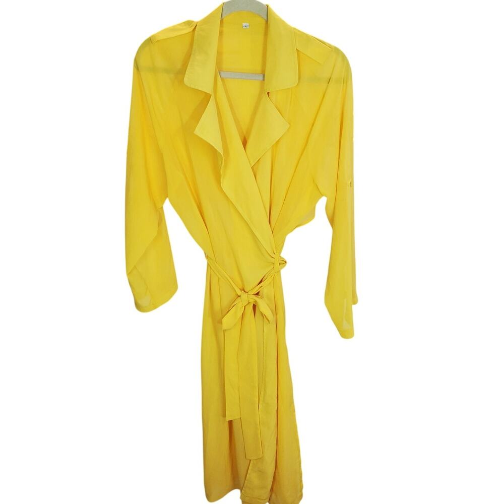 Yellow Sheer Belted Long Cover Up Jacket Large